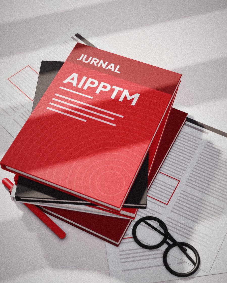 Tumpukan jurnal AIPPTM bersampul merah dengan kacamata baca